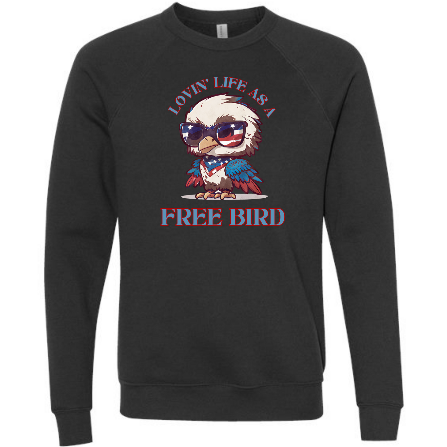 Lovin' Life as a Free Bird - Sponge Fleece Raglan Sweatshirt - Blues, Greens, Purple, and Black
