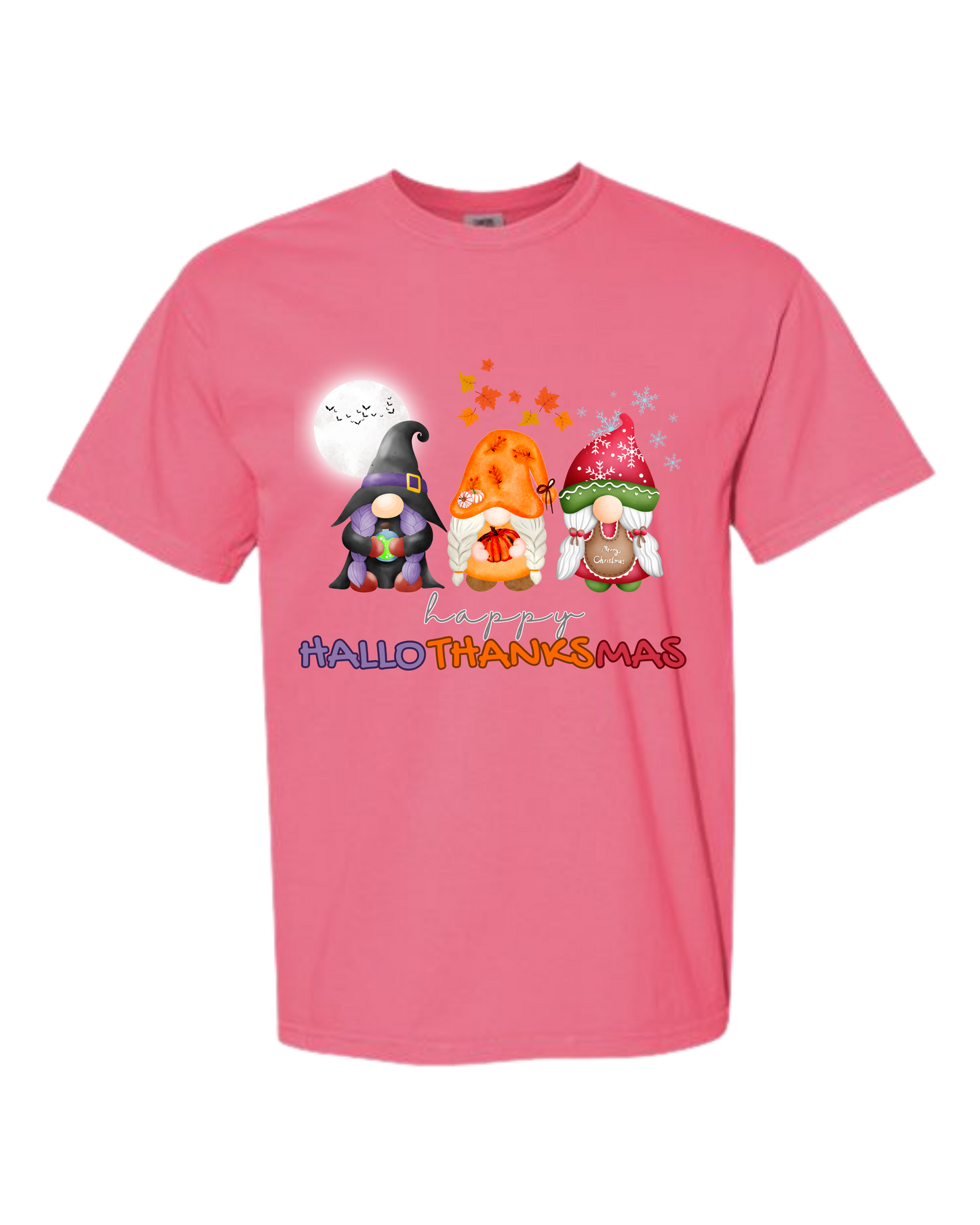 Happy HalloThanksMas Gnomes - Comfort Colors - Heavyweight Unisex Tee - Pinks, Purples