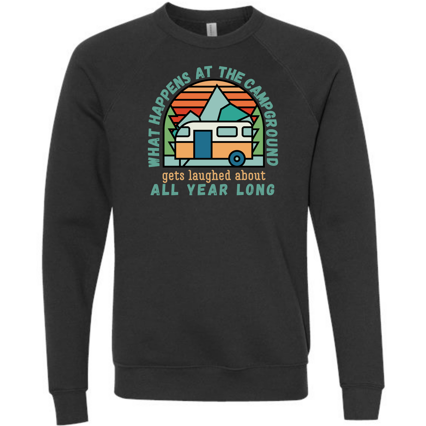 What Happens At The Campground - Sponge Fleece Raglan Sweatshirt - Blues, Greens, Purple, and Black