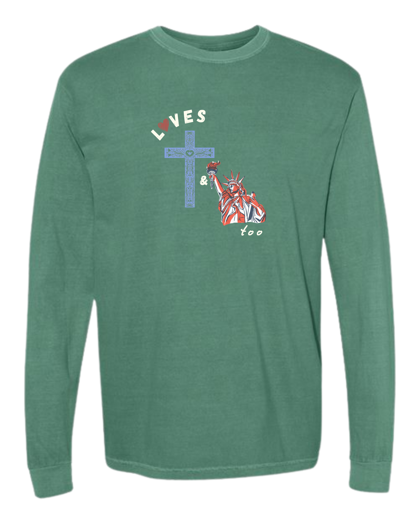 Loves Jesus & America too - Comfort Colors - Heavyweight Long Sleeve Tee - Blues & Greens