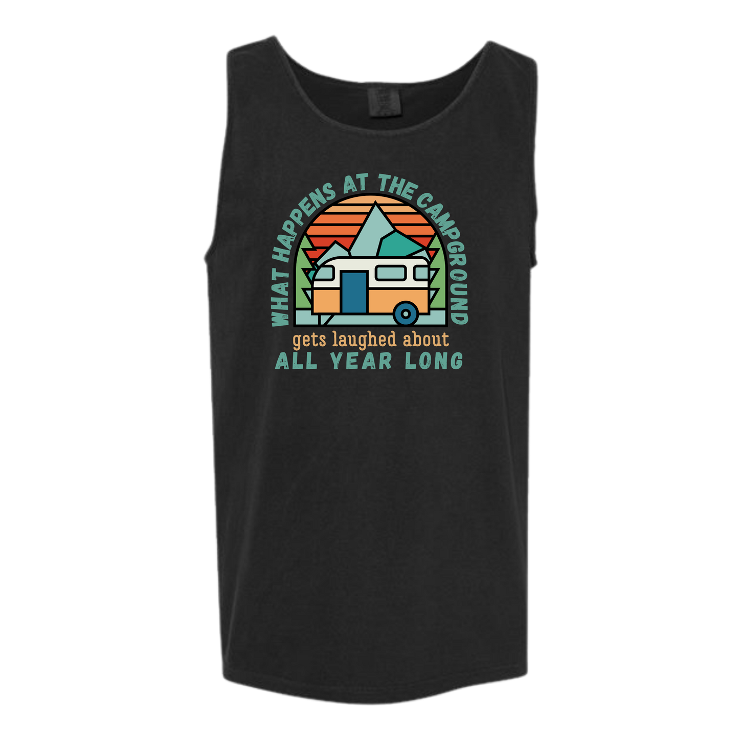 What Happens At The Campground - Comfort Colors - Unisex Tank - Neutral Colors & Blues