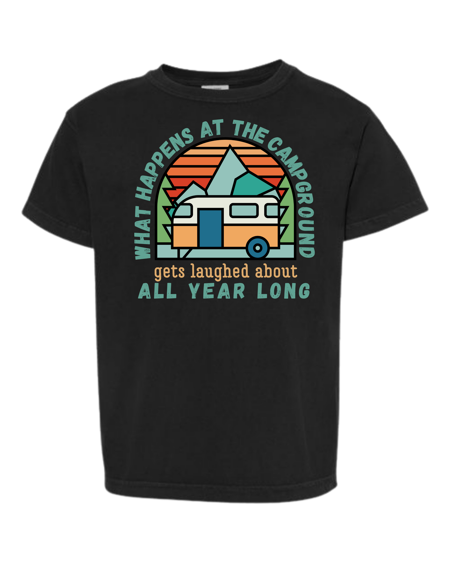 What Happens At The Campground - Comfort Colors - Heavyweight Youth Tee - Neutral Colors & Blues