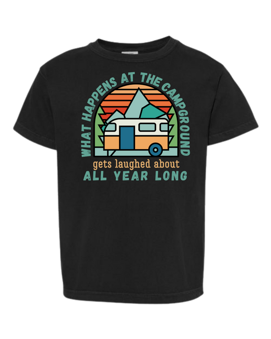 What Happens At The Campground - Comfort Colors - Heavyweight Youth Tee - Neutral Colors & Blues