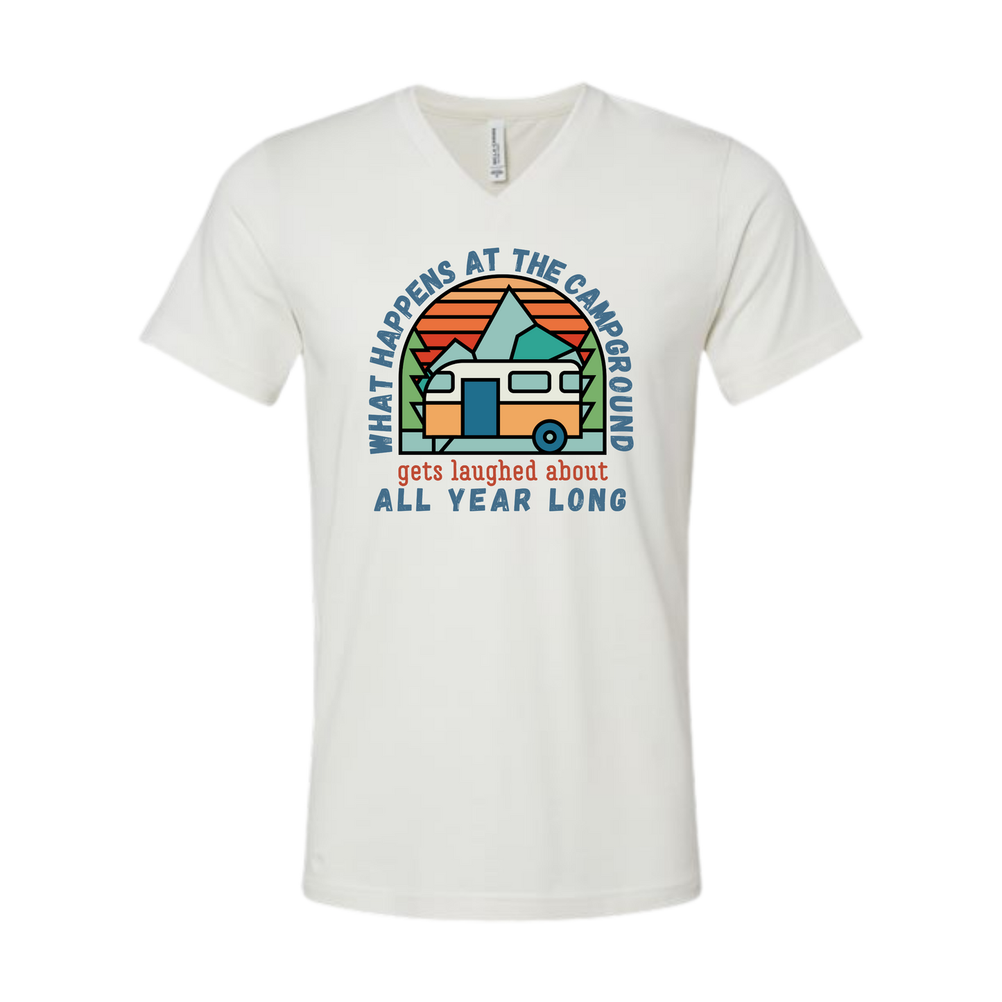 What Happens At The Campground - Bella+Canvas - Unisex V-Neck - Neutral Colors
