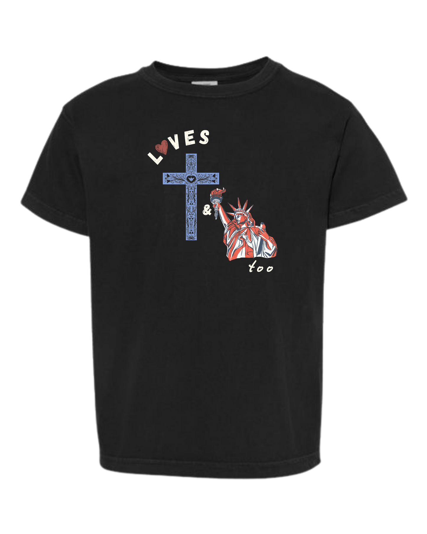 Loves Jesus & America too - Comfort Colors - Heavyweight Youth Tee - Neutral Colors & Blues