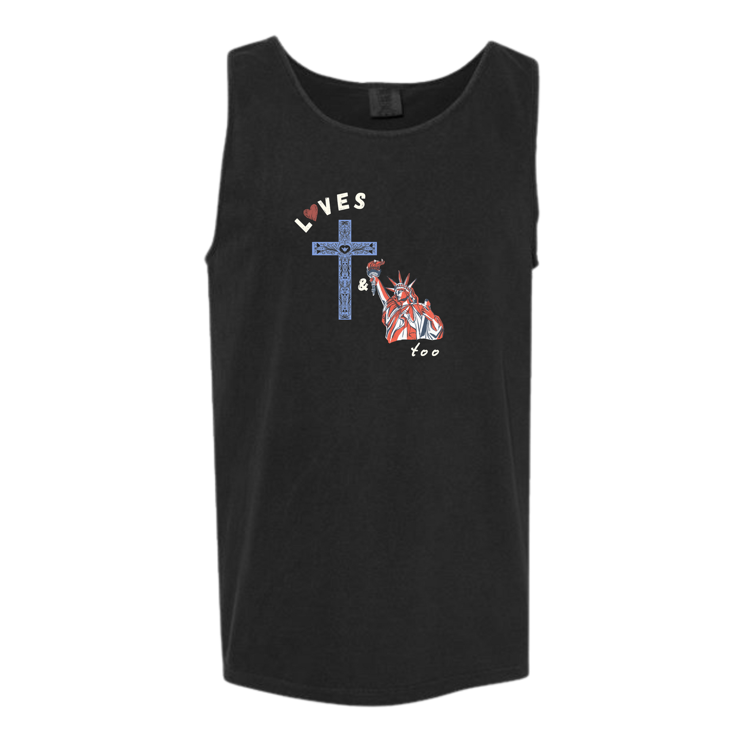 Loves Jesus & America too - Comfort Colors - Unisex Tank - Neutral Colors & Blues