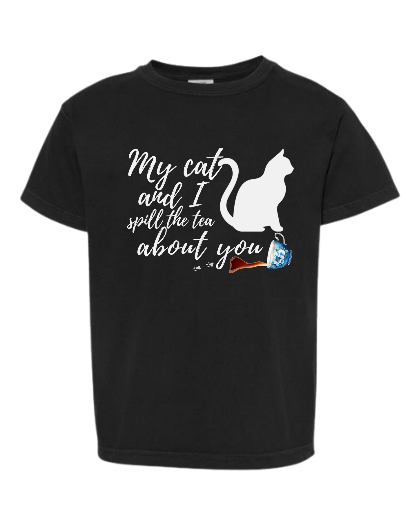 My Cat and I spill the tea about you - Comfort Colors - Heavyweight Youth Tee - Neutral Colors & Blues
