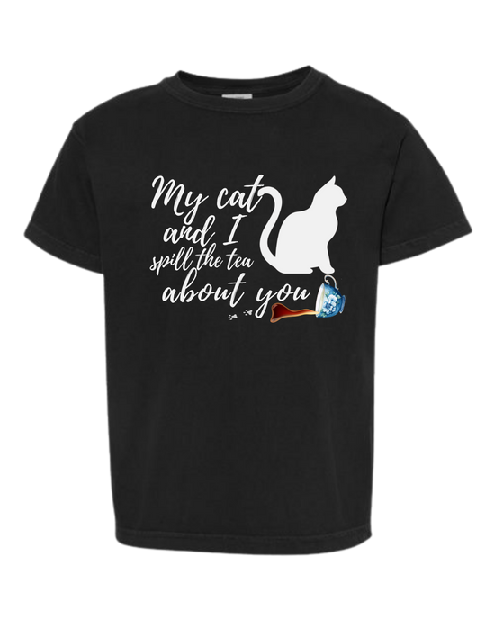 My Cat and I spill the tea about you - Comfort Colors - Heavyweight Youth Tee - Neutral Colors & Blues