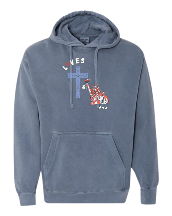 Loves Jesus & America too - Comfort Colors - Hooded Sweatshirt - Assorted Colors
