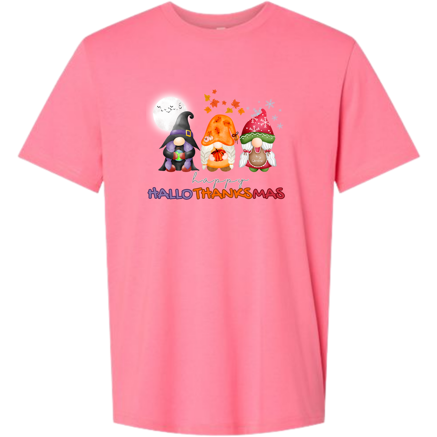 Happy HalloThanksMas Gnomes - Unisex Tee - Pinks