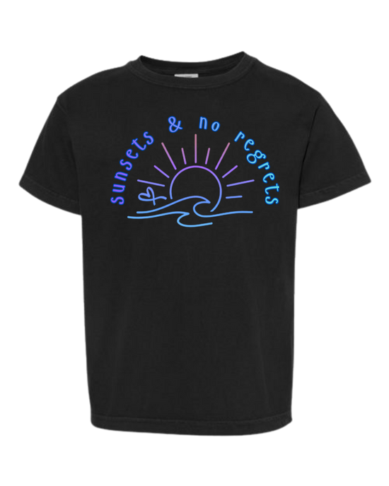 Sunsets & No Regrets - Comfort Colors - Heavyweight Youth Tee - Neutral Colors & Blues