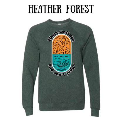 CP - Where We Listen and Don't Judge - Sponge Fleece Raglan Sweatshirt - Greens, Neutrals