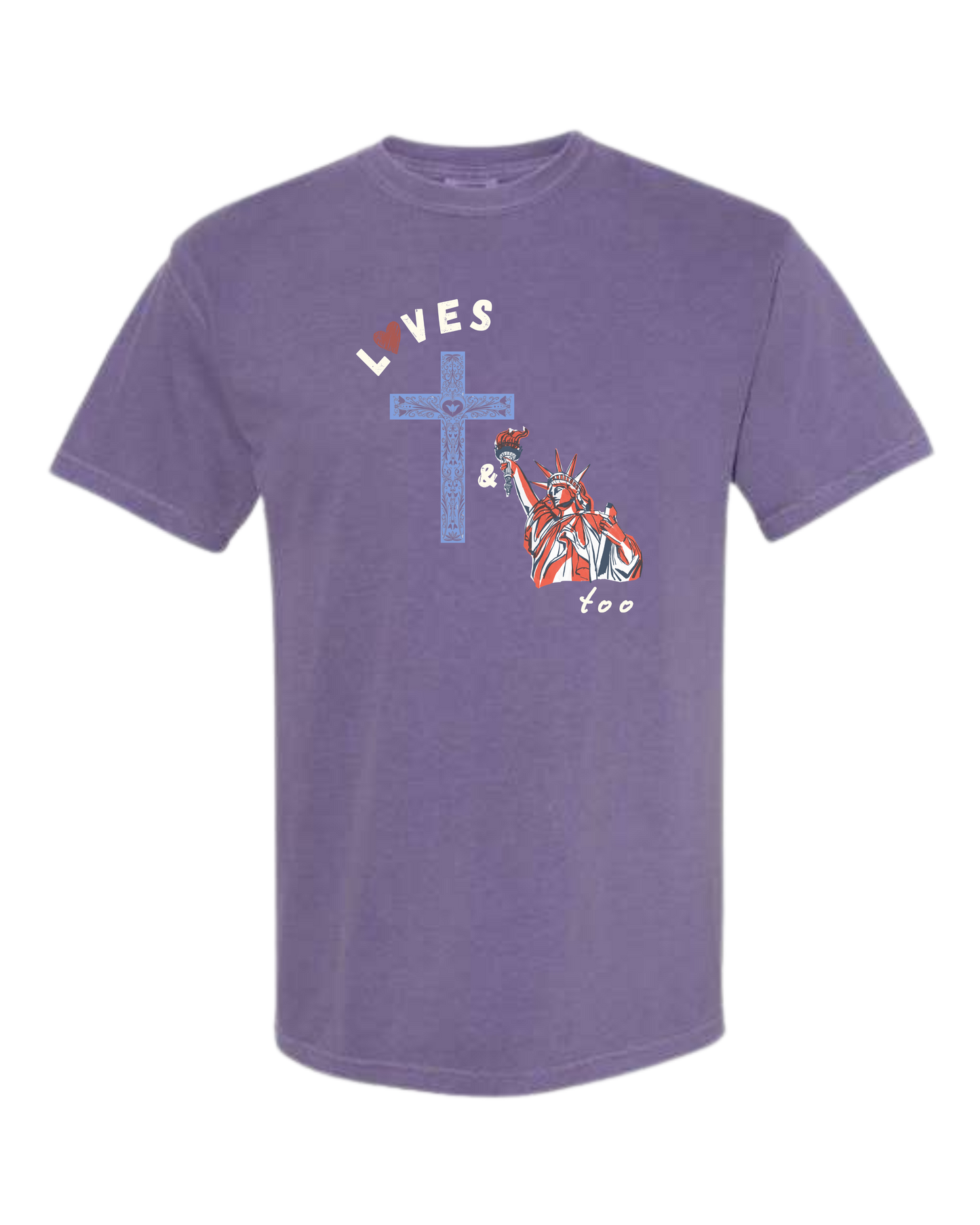 Loves Jesus & America too - Comfort Colors - Heavyweight Unisex Tee - Pinks & Purples