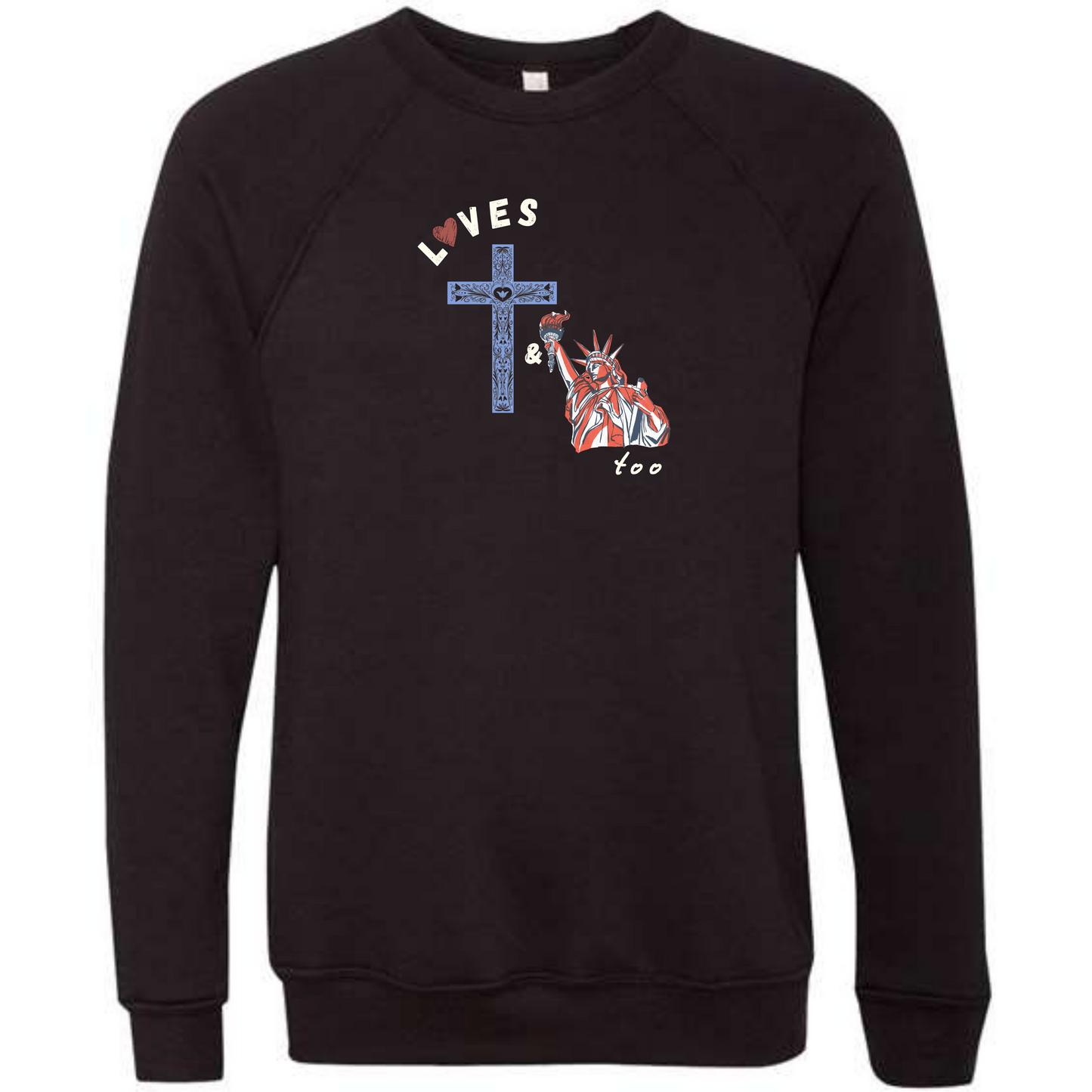 Loves Jesus & America too - Sponge Fleece Raglan Sweatshirt - Blues, Greens, Purple, and Black