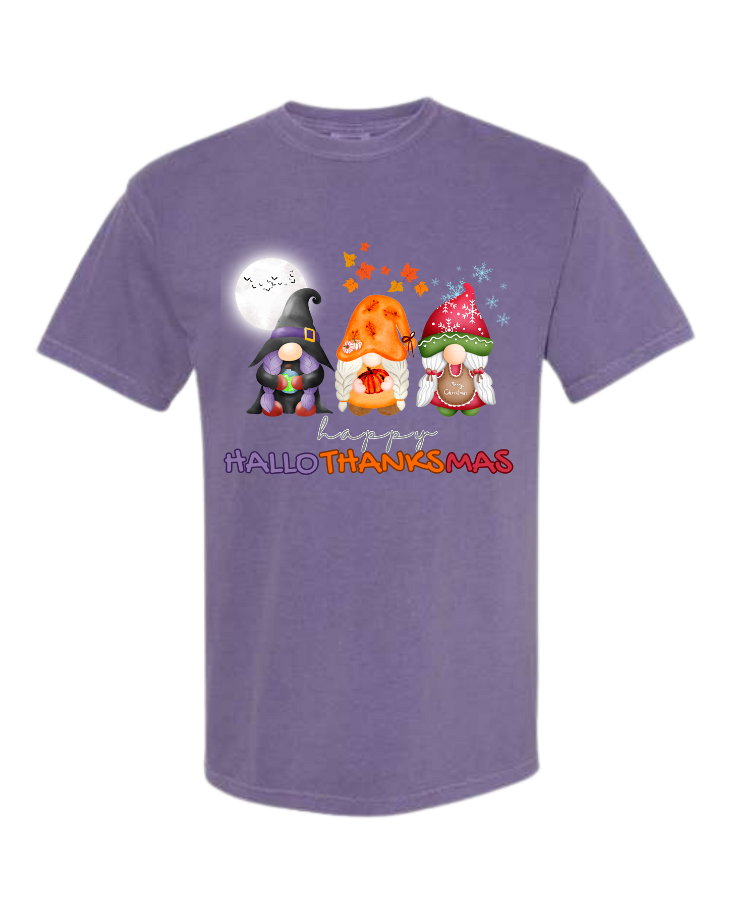 Happy HalloThanksMas Gnomes - Comfort Colors - Heavyweight Unisex Tee - Pinks, Purples