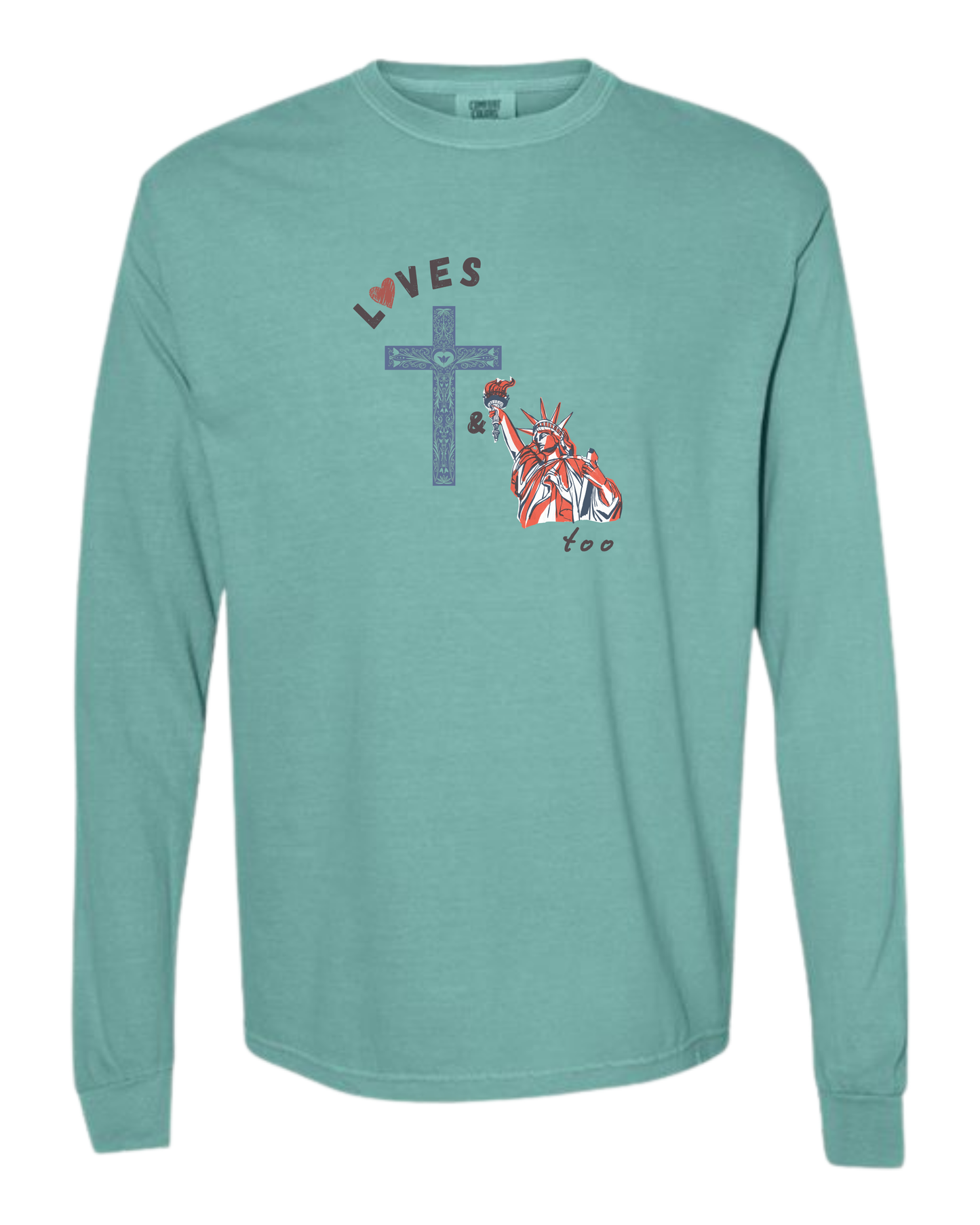 Loves Jesus & America too - Comfort Colors - Heavyweight Long Sleeve Tee - Blues & Greens