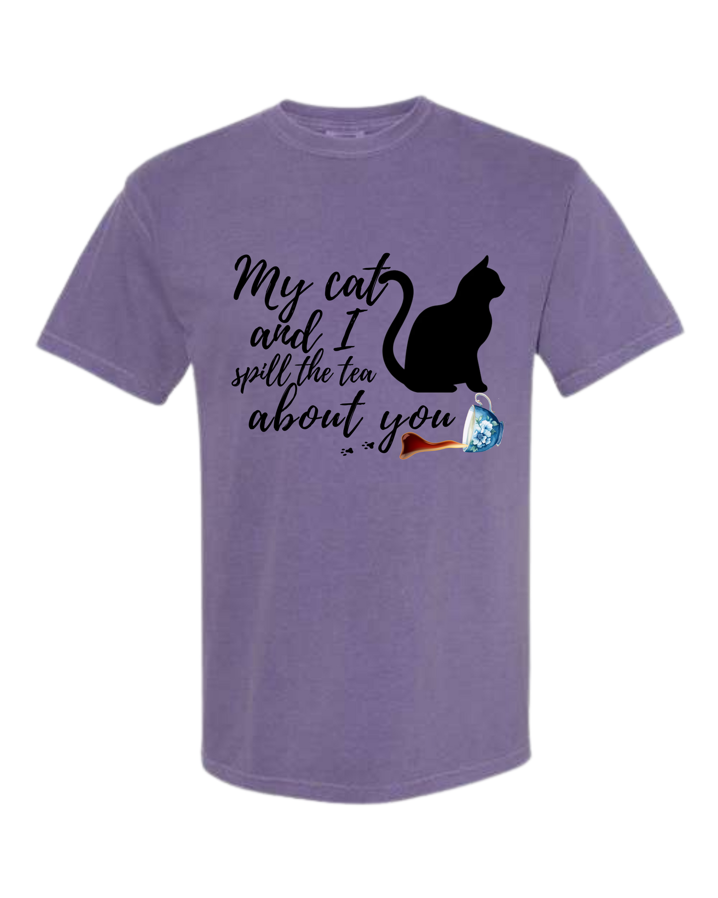 My Cat and I spill the tea about you - Comfort Colors - Heavyweight Unisex Tee - Pinks & Purples