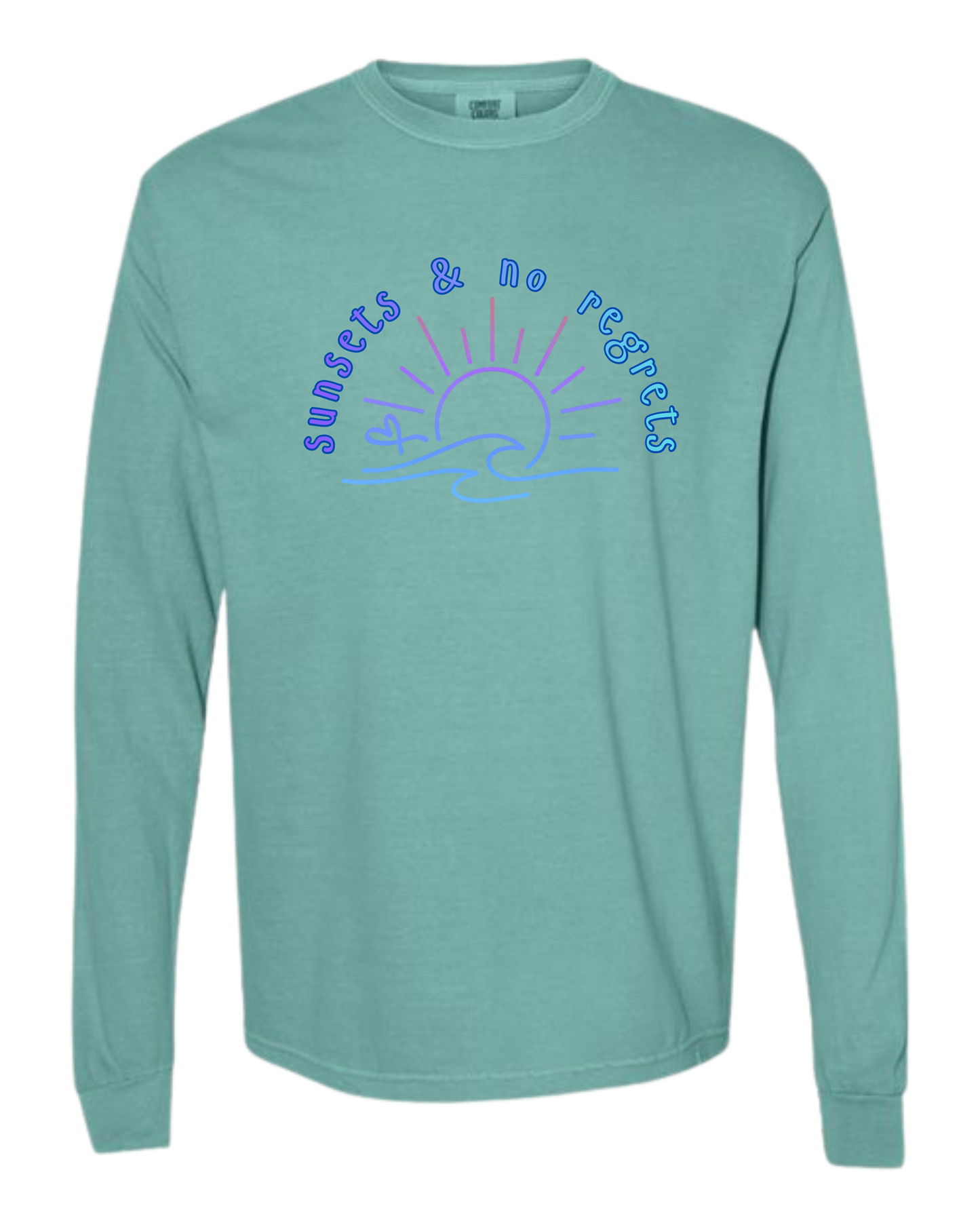 Sunsets & No Regrets - Comfort Colors - Heavyweight Long Sleeve Tee - Blues & Greens