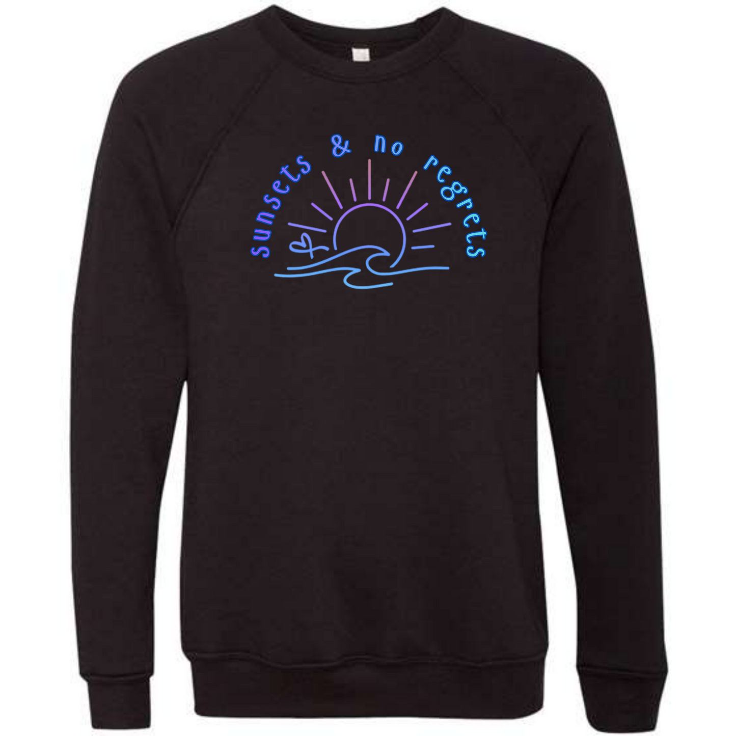 Sunsets & No Regrets - Sponge Fleece Raglan Sweatshirt - Blues, Greens, Purple, and Black