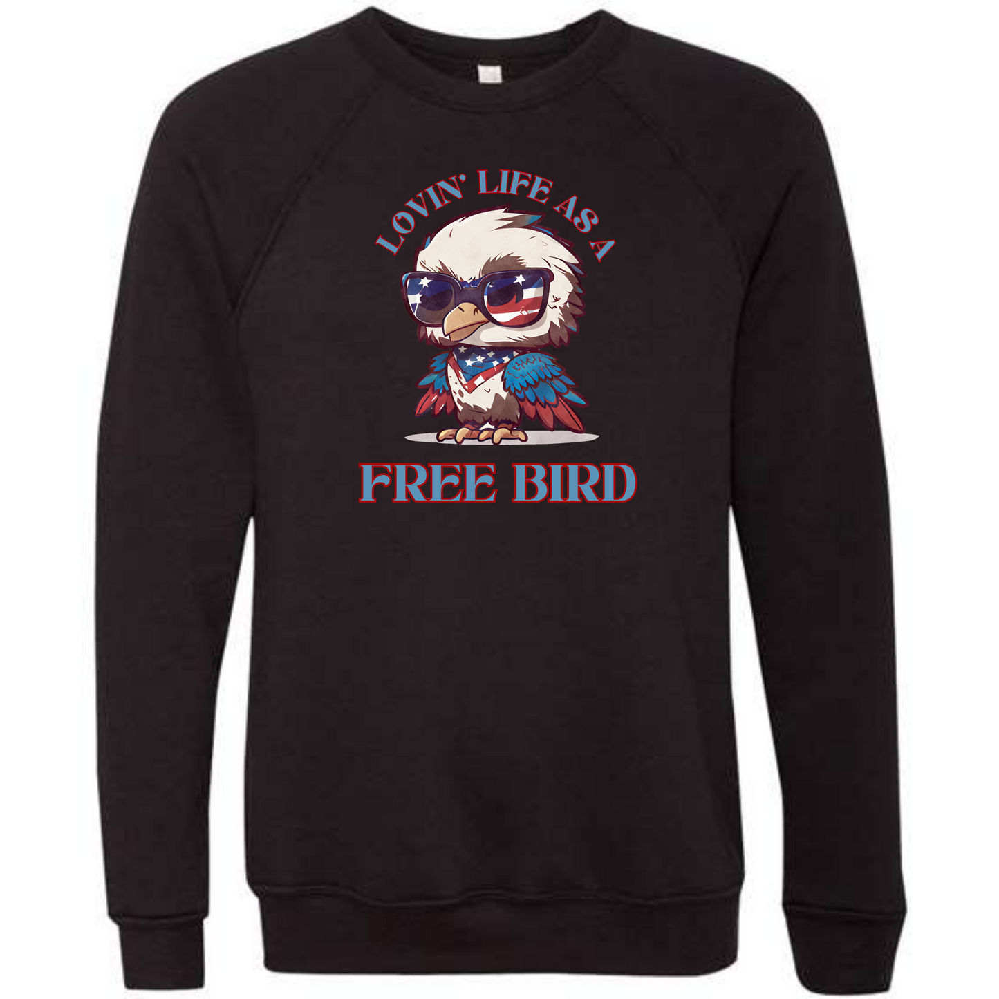 Lovin' Life as a Free Bird - Sponge Fleece Raglan Sweatshirt - Blues, Greens, Purple, and Black