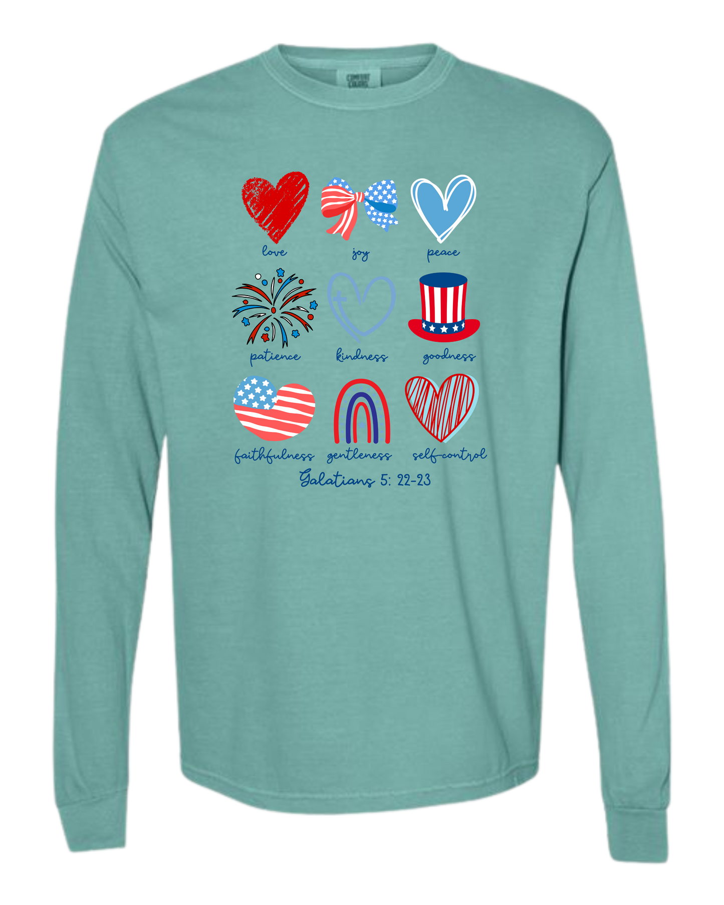 Galatians 5 - Patriotic - Comfort Colors - Heavyweight Long Sleeve Tee - Blues & Greens