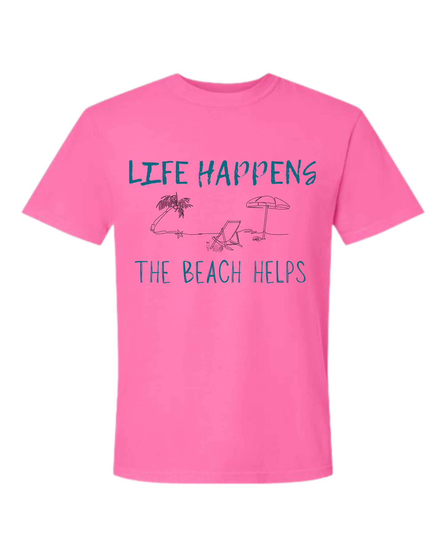 Life Happens The Beach Helps - Comfort Colors - Heavyweight Unisex Tee - Pinks & Purples