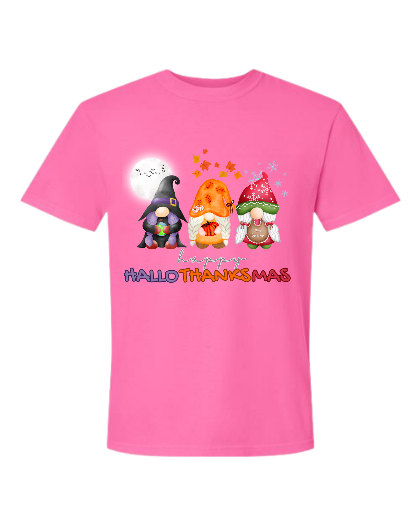 Happy HalloThanksMas Gnomes - Comfort Colors - Heavyweight Unisex Tee - Pinks, Purples