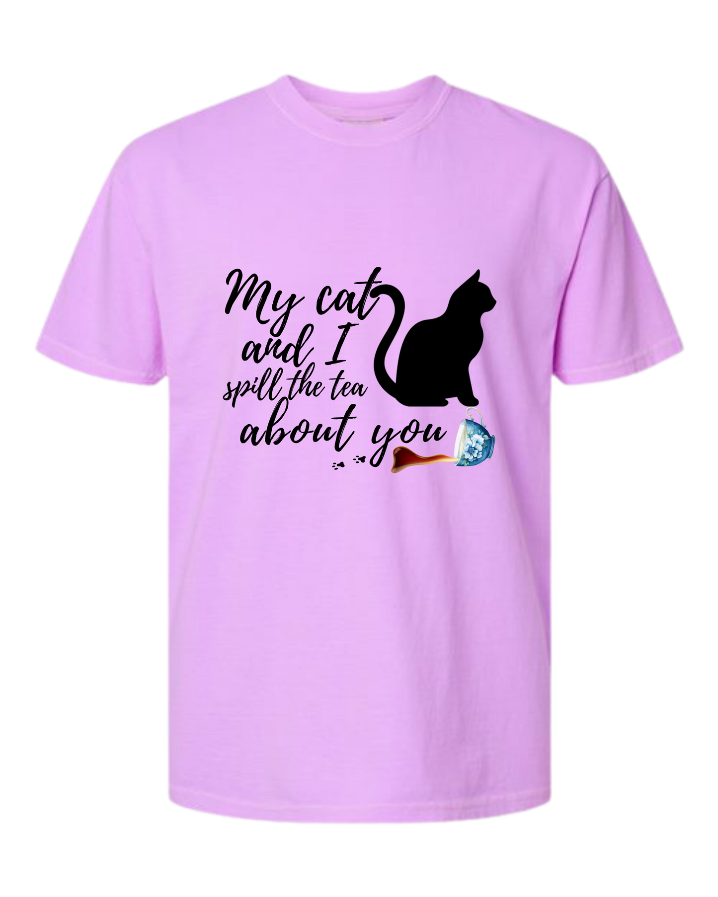 My Cat and I spill the tea about you - Comfort Colors - Heavyweight Unisex Tee - Pinks & Purples