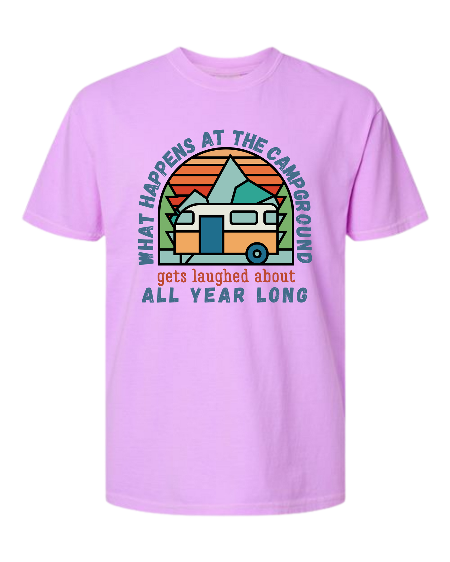 What Happens At The Campground - Comfort Colors - Heavyweight Unisex Tee - Pinks & Purples