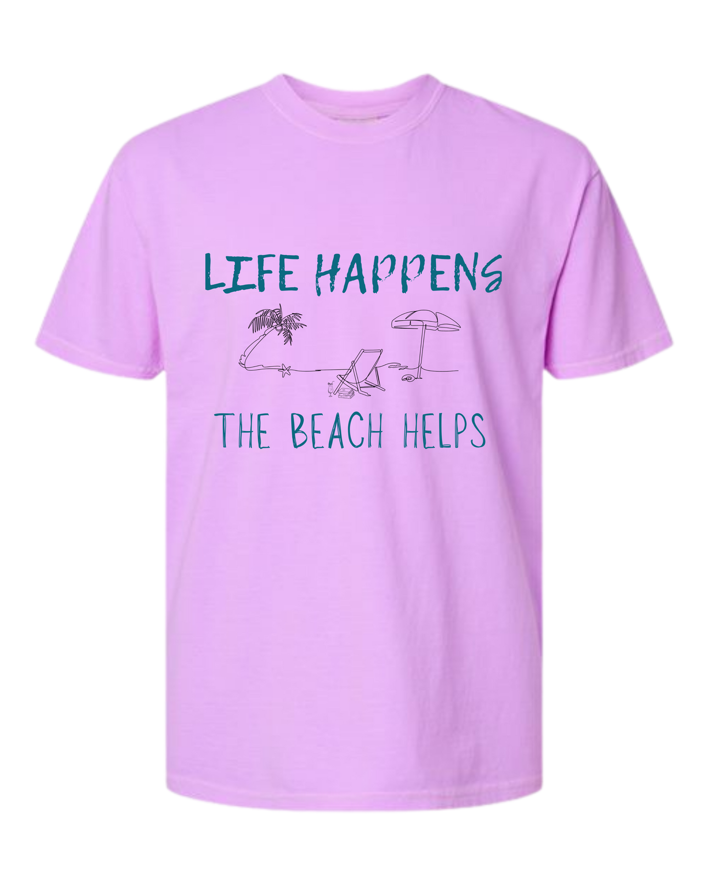 Life Happens The Beach Helps - Comfort Colors - Heavyweight Unisex Tee - Pinks & Purples