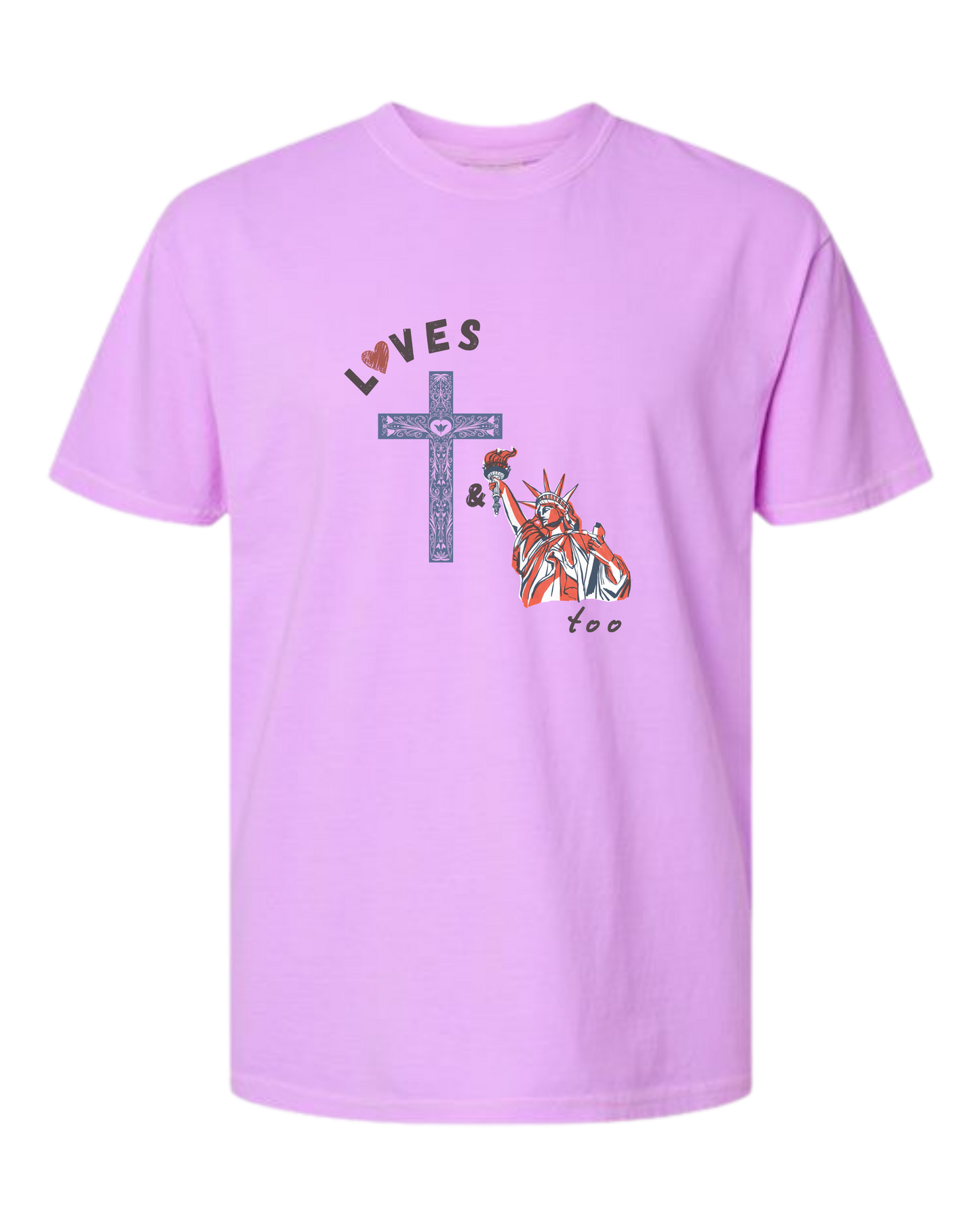 Loves Jesus & America too - Comfort Colors - Heavyweight Unisex Tee - Pinks & Purples