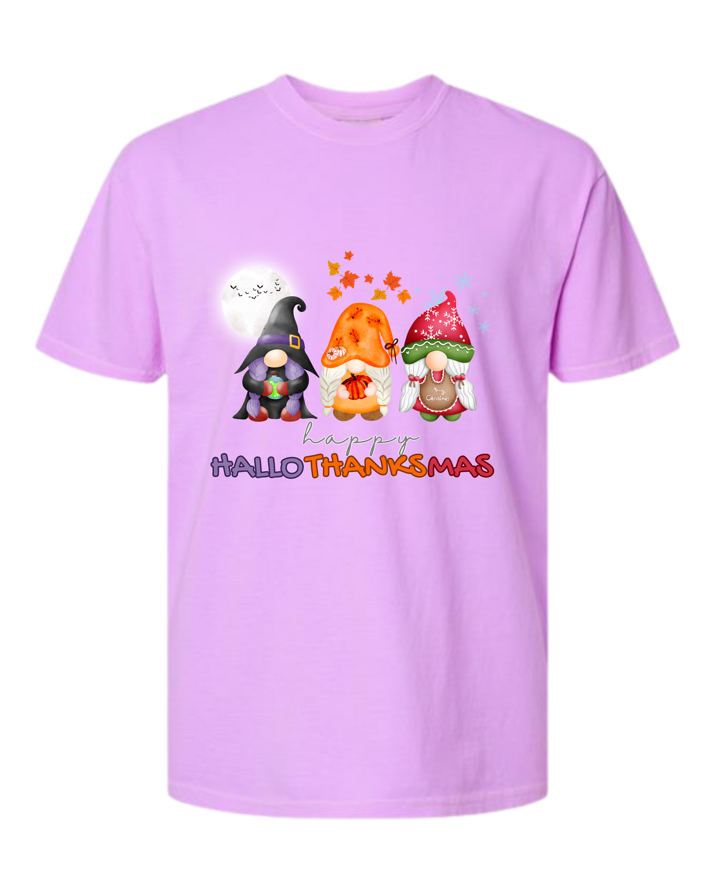 Happy HalloThanksMas Gnomes - Comfort Colors - Heavyweight Unisex Tee - Pinks, Purples