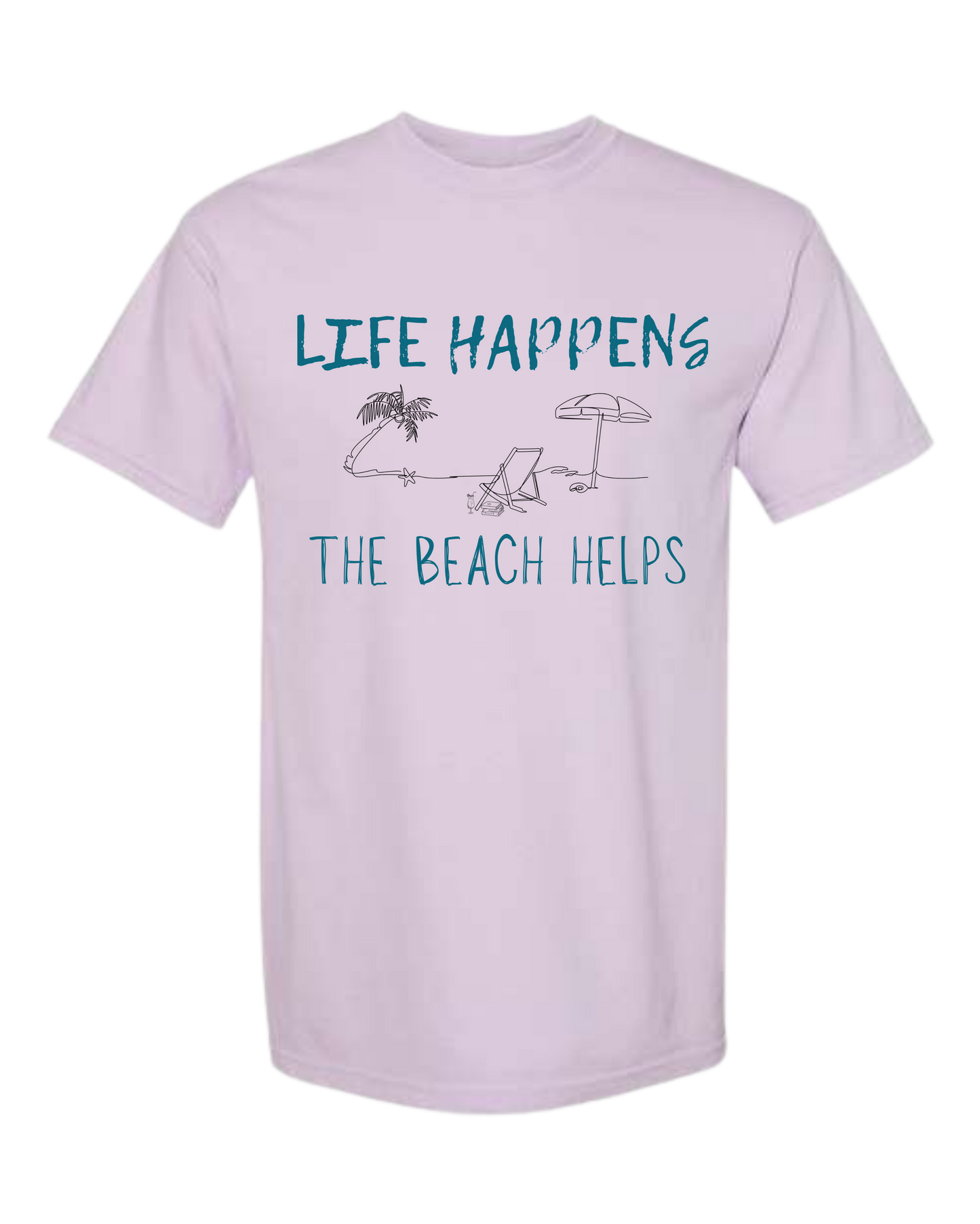 Life Happens The Beach Helps - Comfort Colors - Heavyweight Unisex Tee - Pinks & Purples