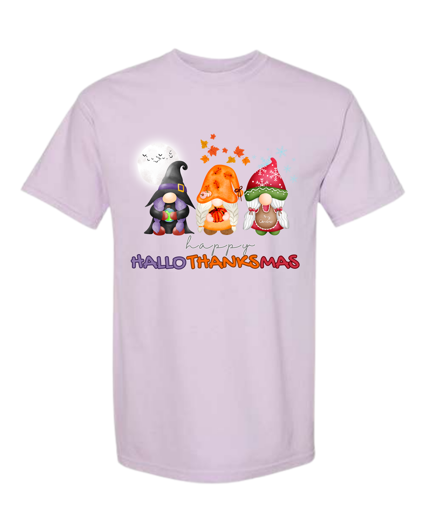 Happy HalloThanksMas Gnomes - Comfort Colors - Heavyweight Unisex Tee - Pinks, Purples