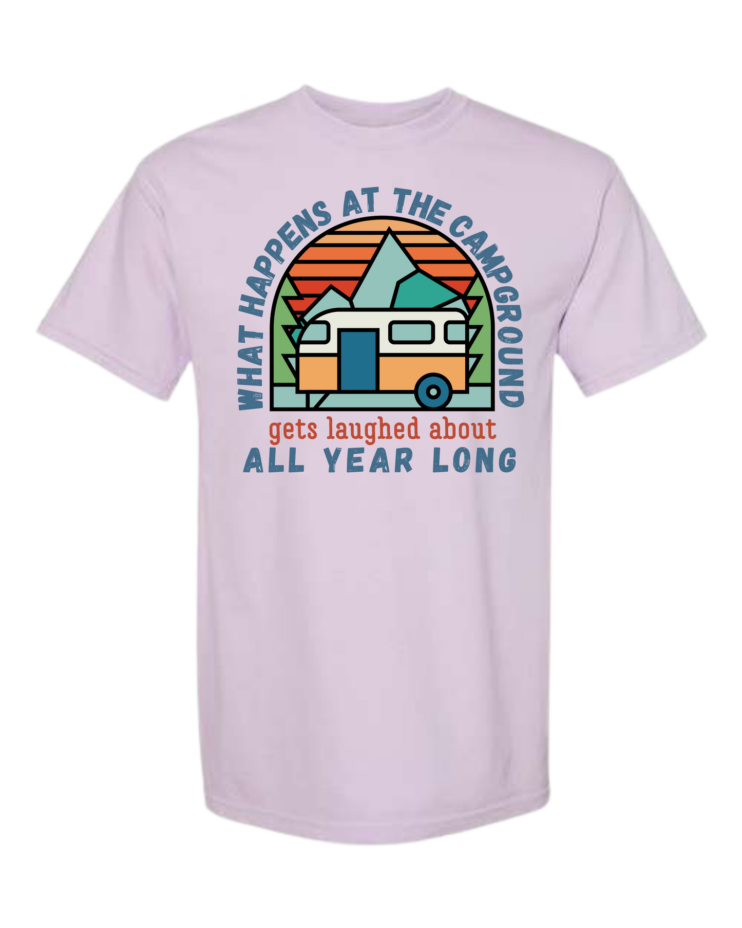What Happens At The Campground - Comfort Colors - Heavyweight Unisex Tee - Pinks & Purples