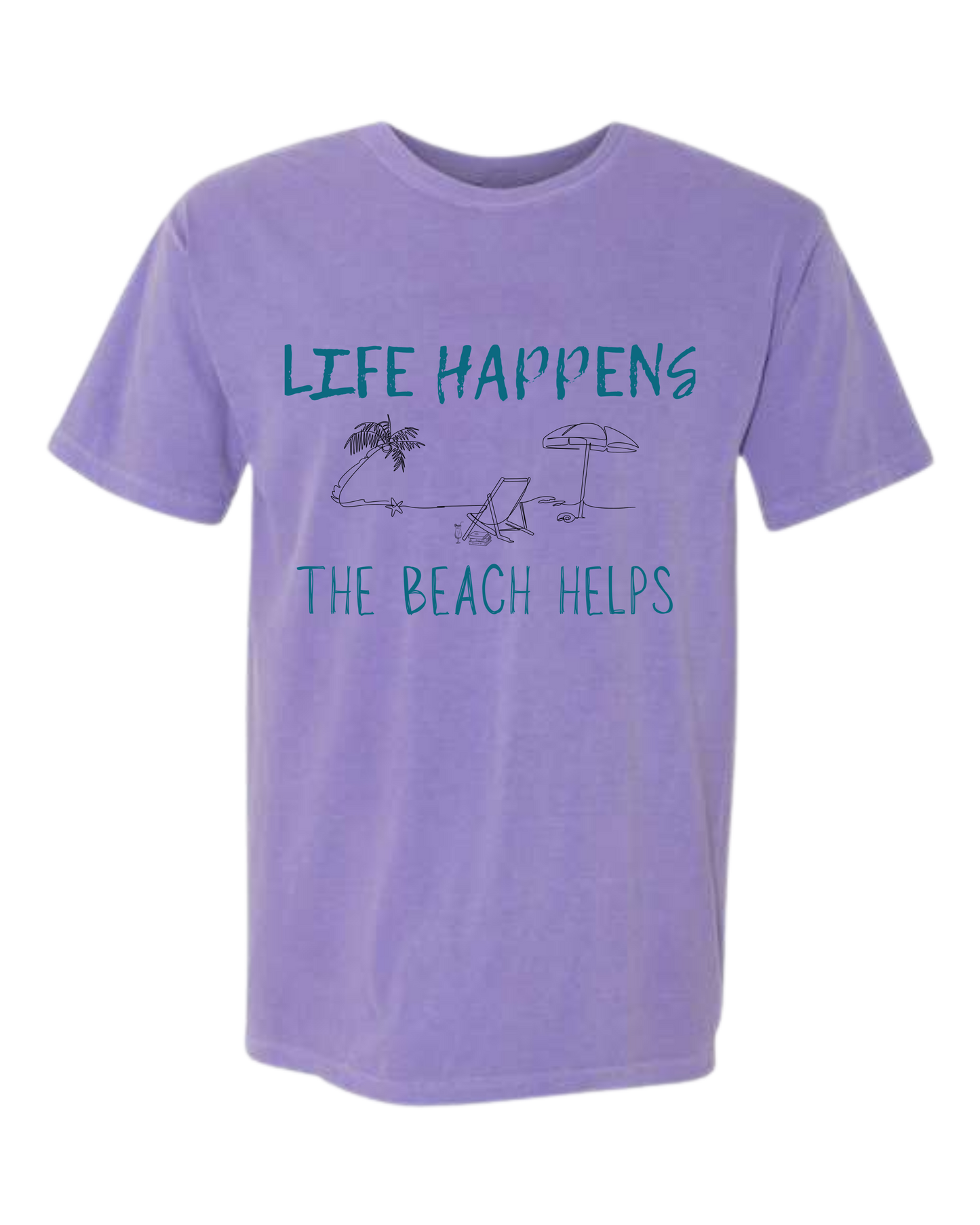 Life Happens The Beach Helps - Comfort Colors - Heavyweight Unisex Tee - Pinks & Purples
