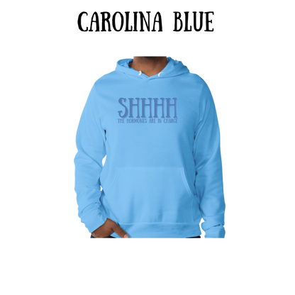 shhhh the hormones are in charge - sponge fleece hoodie - blues, purples