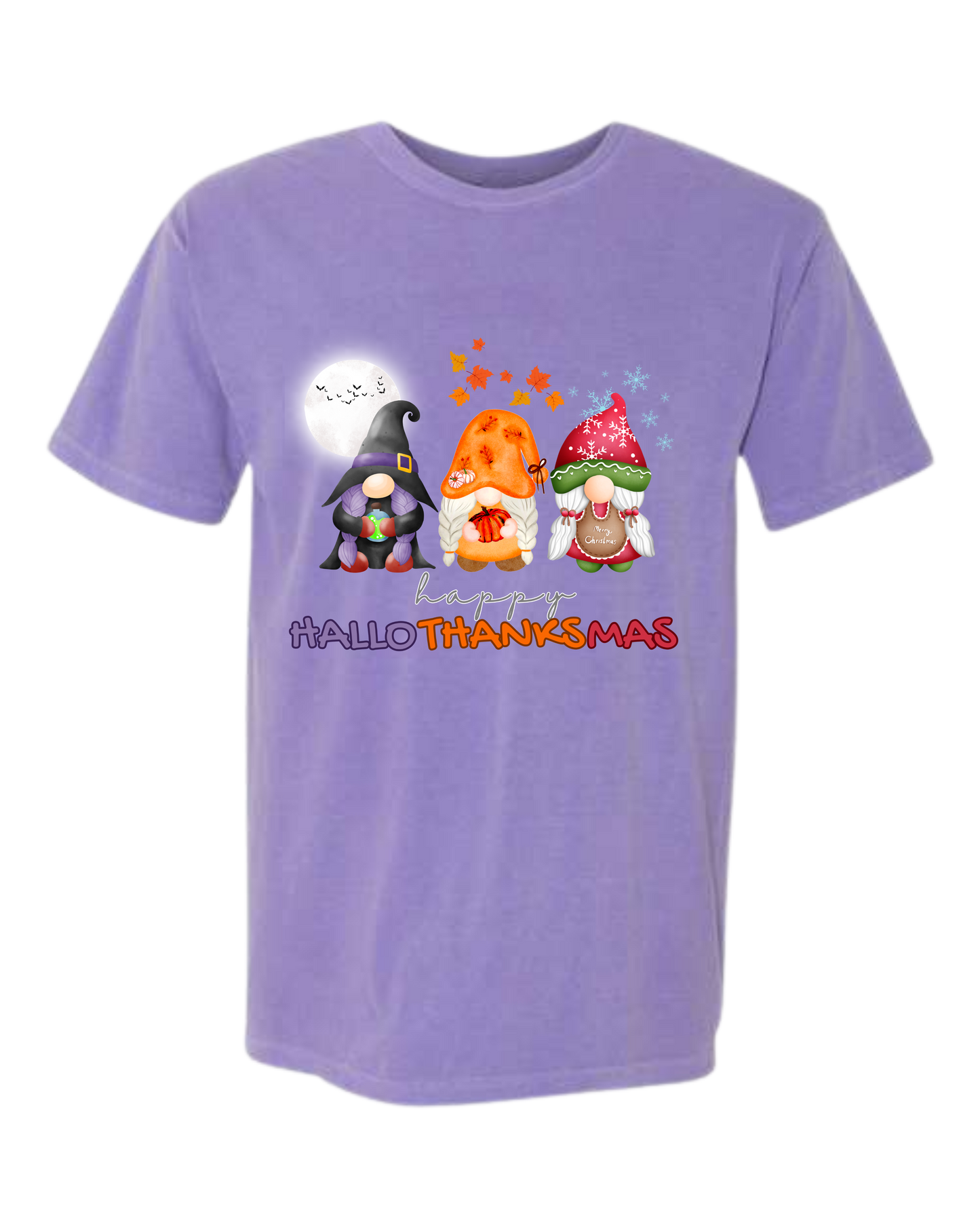 Happy HalloThanksMas Gnomes - Comfort Colors - Heavyweight Unisex Tee - Pinks, Purples