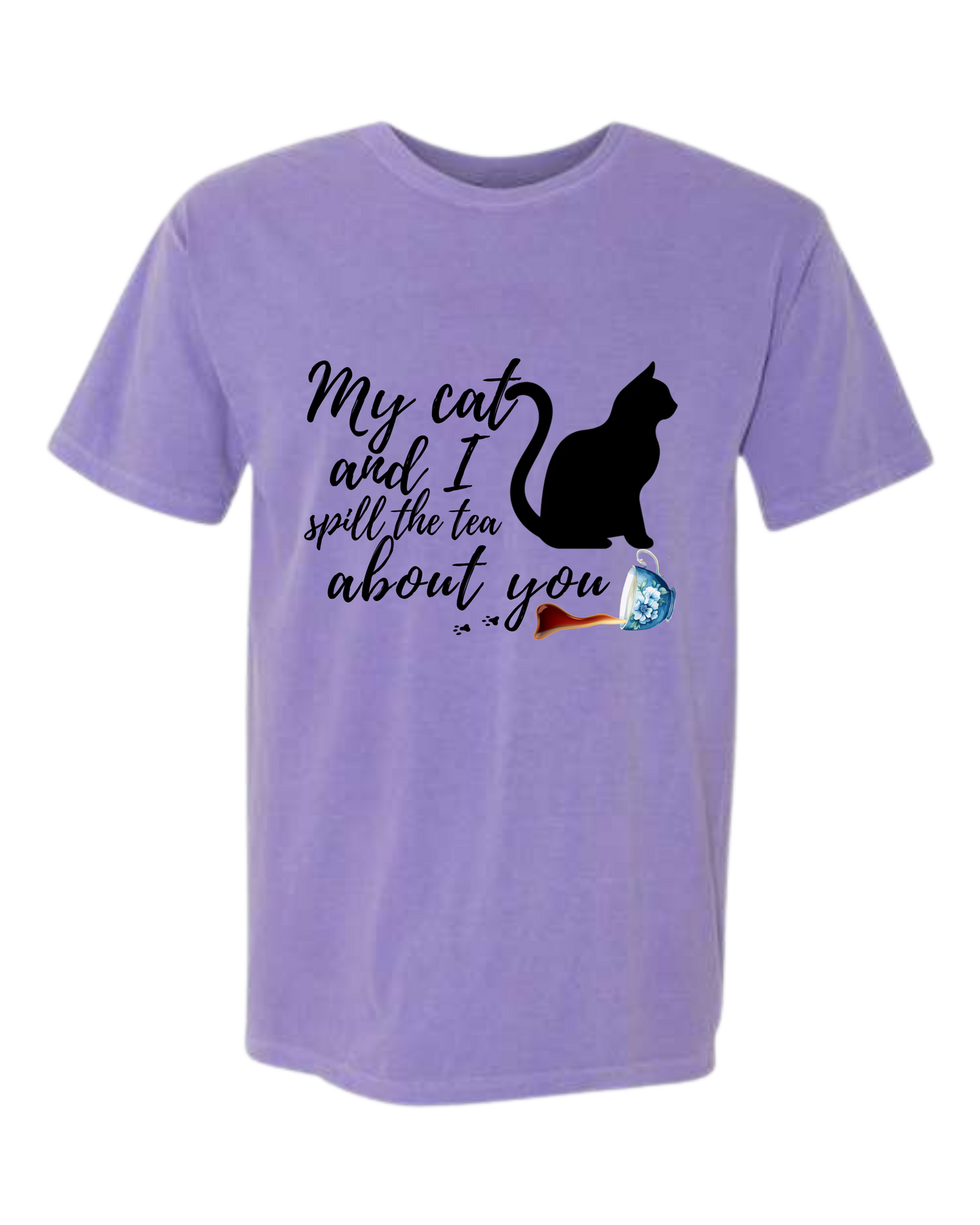 My Cat and I spill the tea about you - Comfort Colors - Heavyweight Unisex Tee - Pinks & Purples