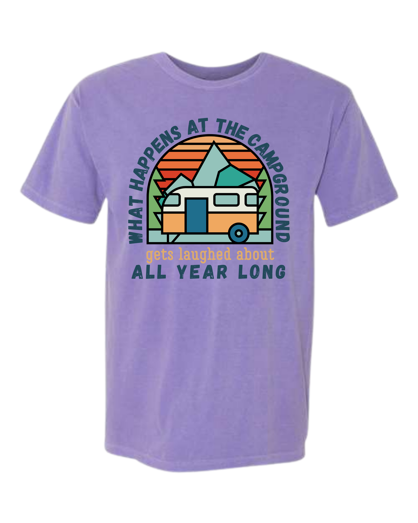 What Happens At The Campground - Comfort Colors - Heavyweight Unisex Tee - Pinks & Purples