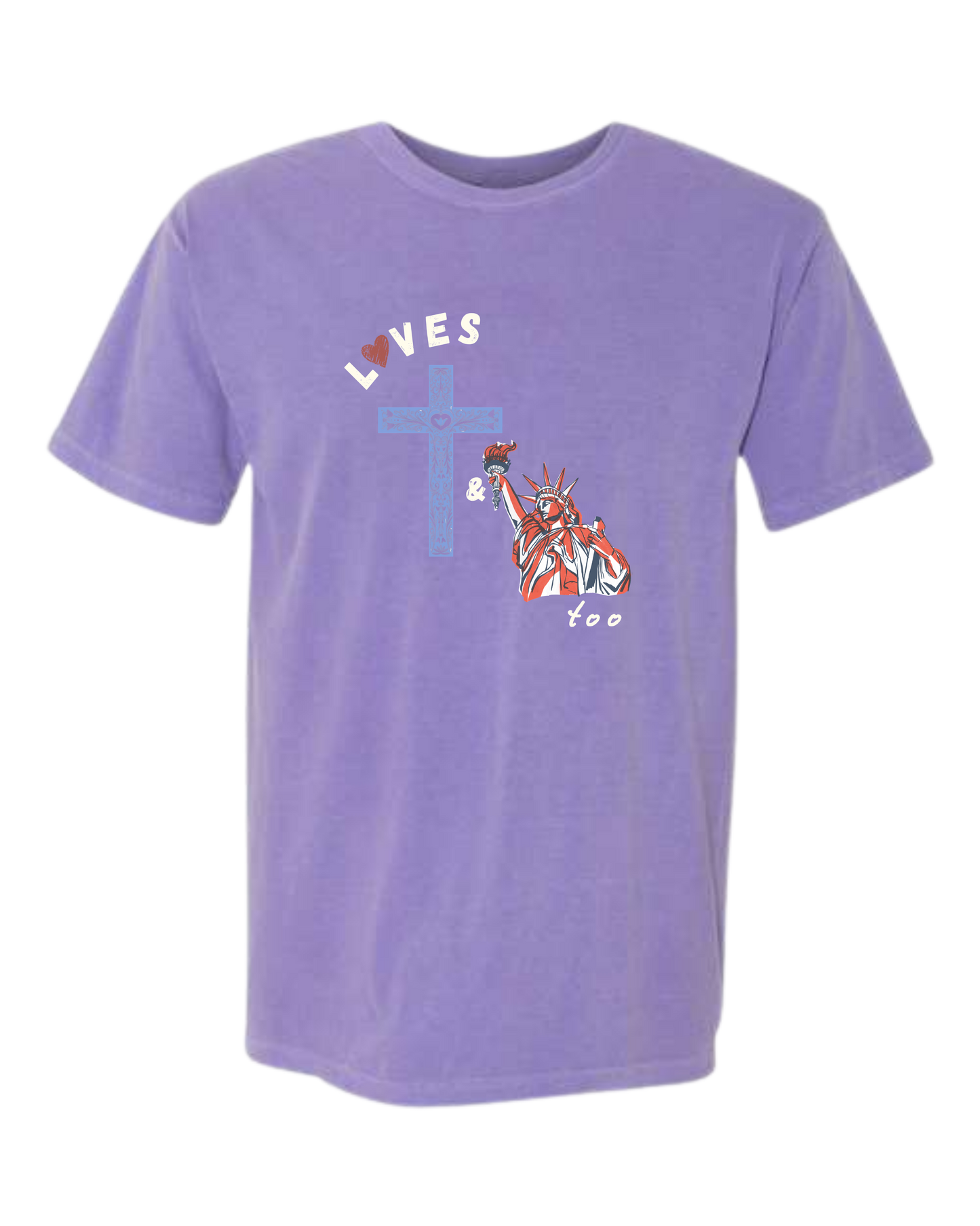 Loves Jesus & America too - Comfort Colors - Heavyweight Unisex Tee - Pinks & Purples