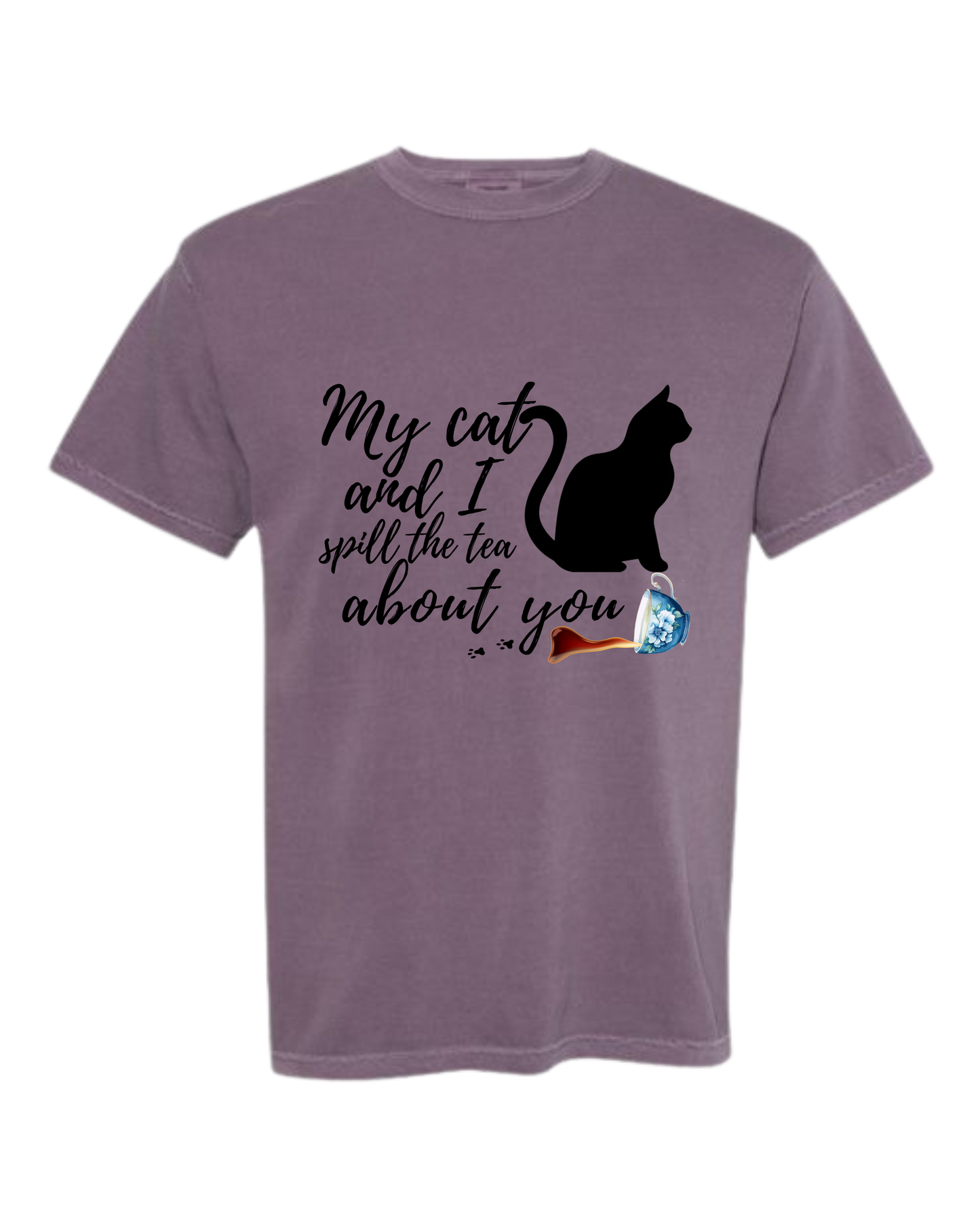 My Cat and I spill the tea about you - Comfort Colors - Heavyweight Unisex Tee - Pinks & Purples