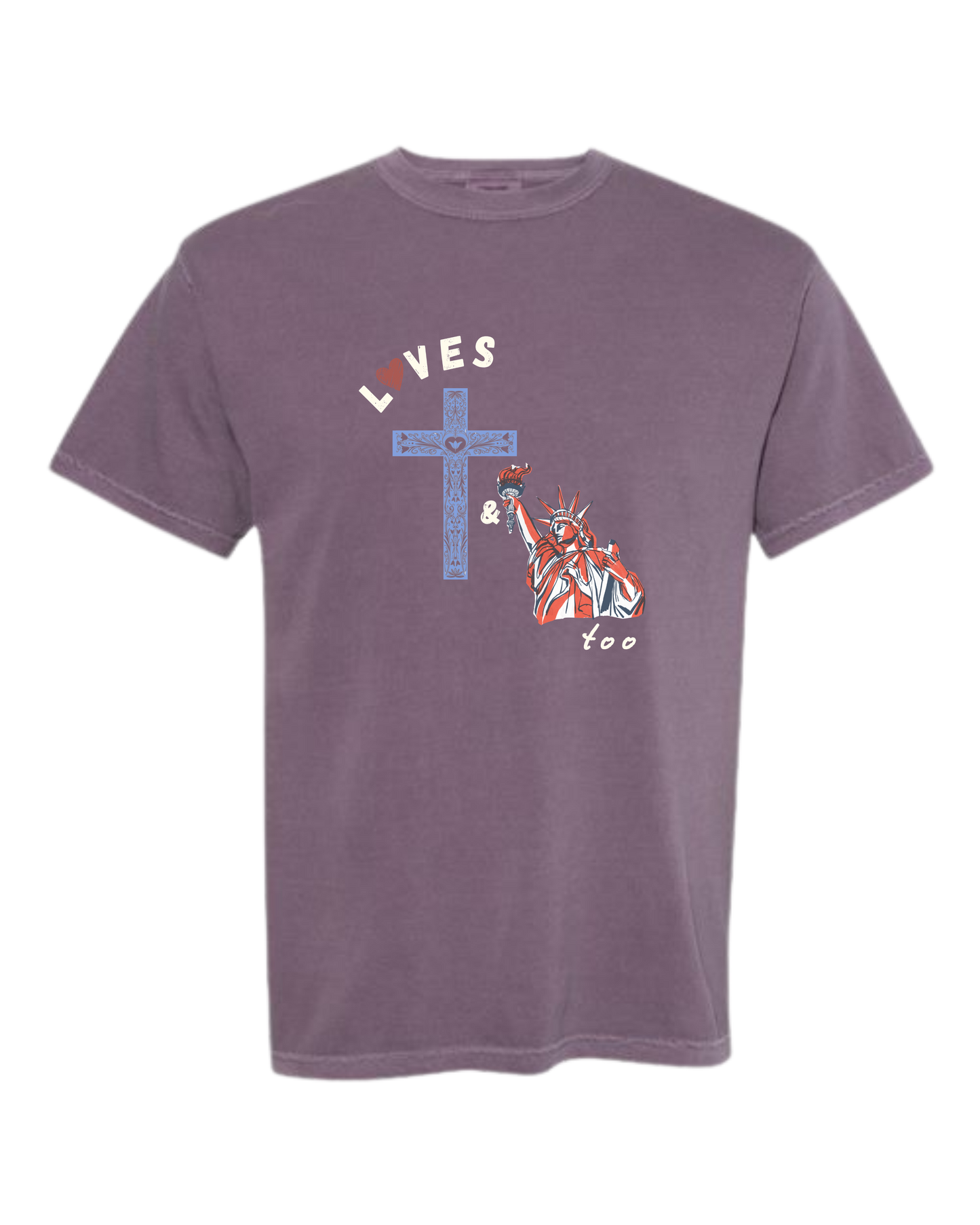 Loves Jesus & America too - Comfort Colors - Heavyweight Unisex Tee - Pinks & Purples