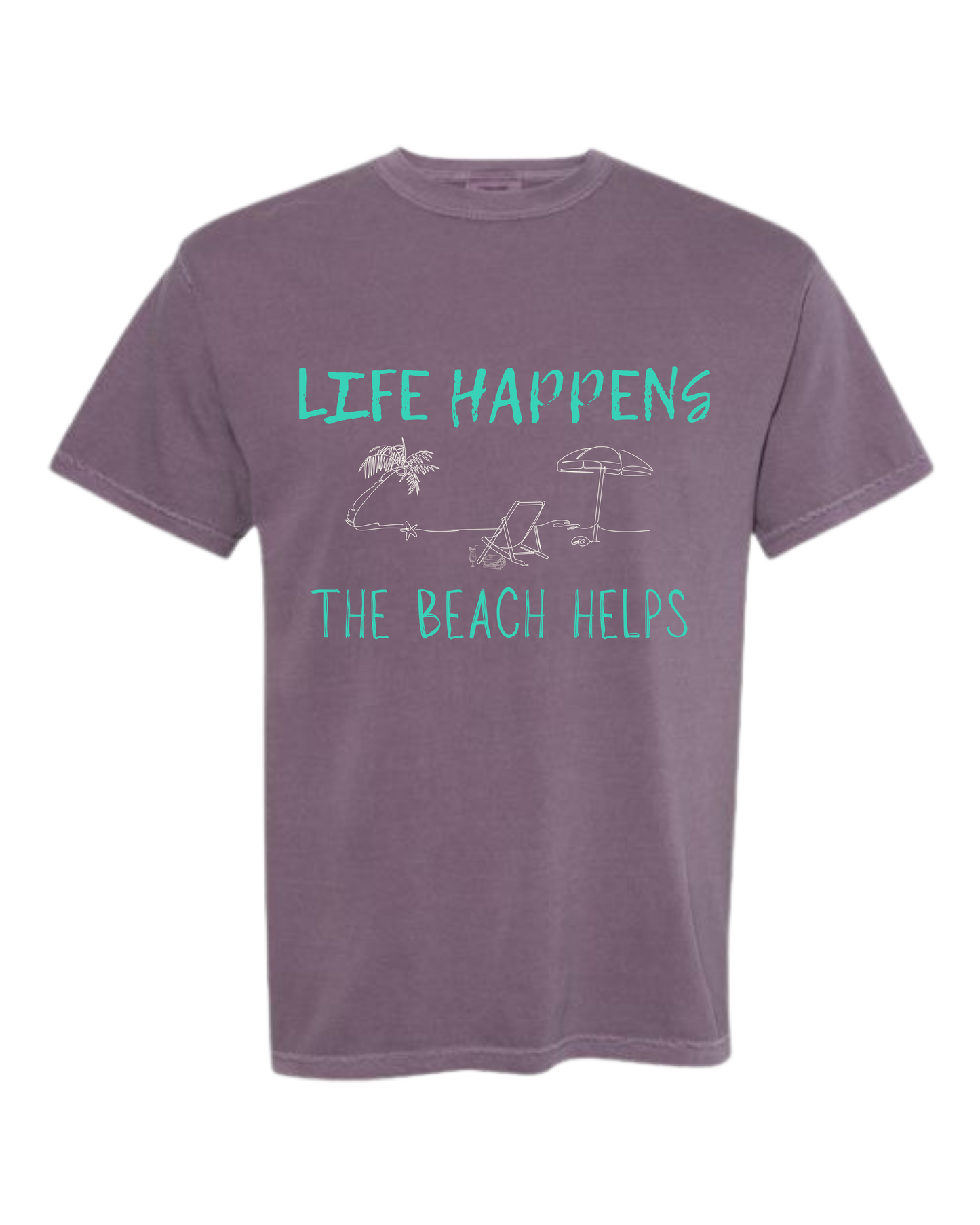 Life Happens The Beach Helps - Comfort Colors - Heavyweight Unisex Tee - Pinks & Purples