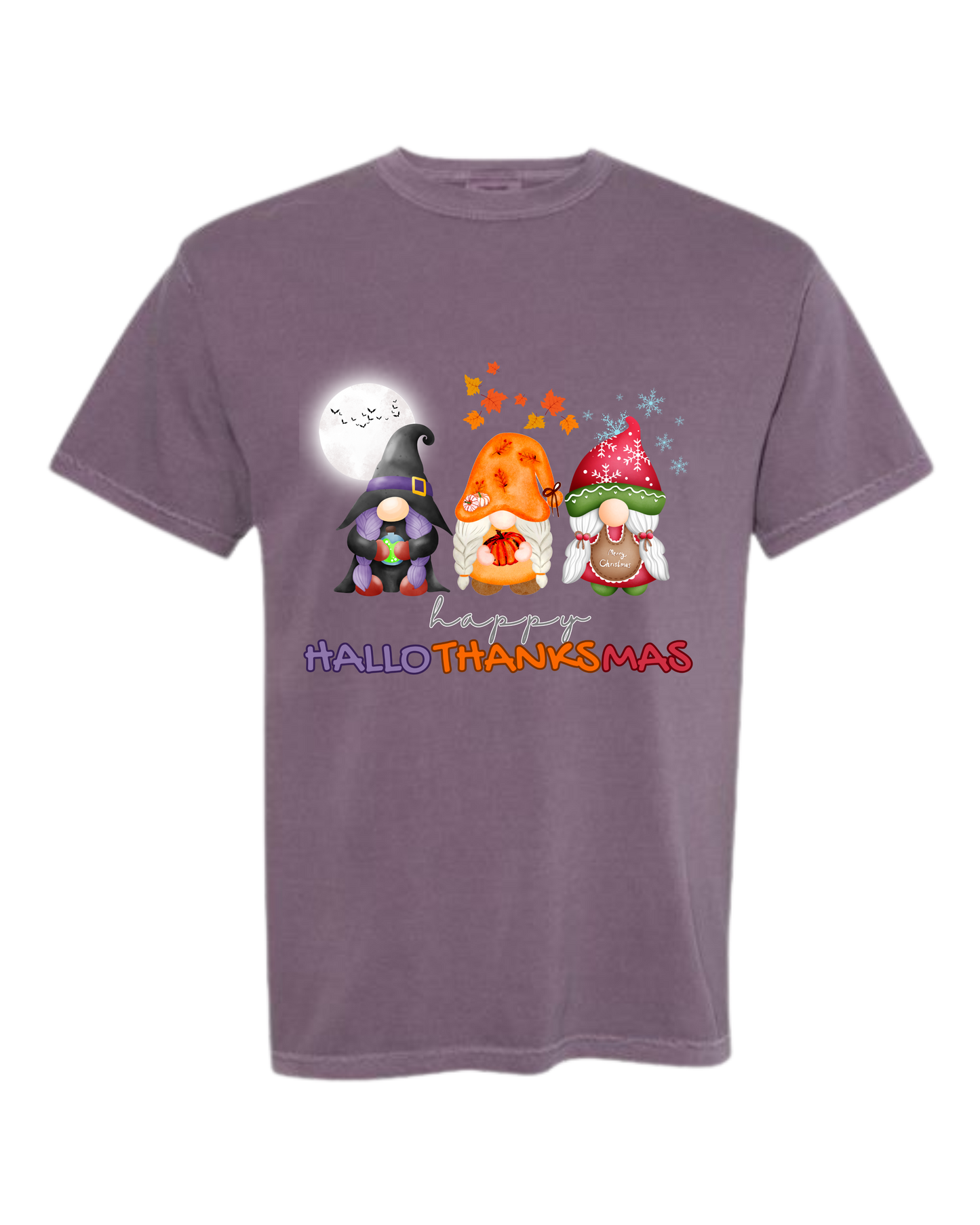 Happy HalloThanksMas Gnomes - Comfort Colors - Heavyweight Unisex Tee - Pinks, Purples