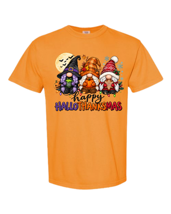 Happy HalloThanksMas Gnomes - Comfort Colors - Heavyweight Unisex Tee - Yellows, Oranges
