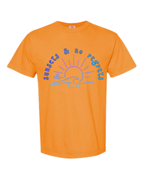 Sunsets & No Regrets - Comfort Colors - Heavyweight Unisex Tee - Yellows, Oranges, Reds