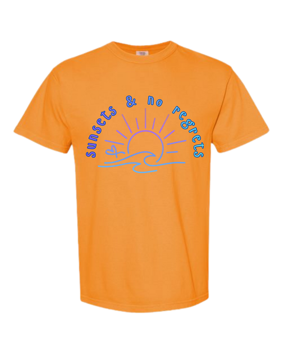 Sunsets & No Regrets - Comfort Colors - Heavyweight Unisex Tee - Yellows, Oranges, Reds
