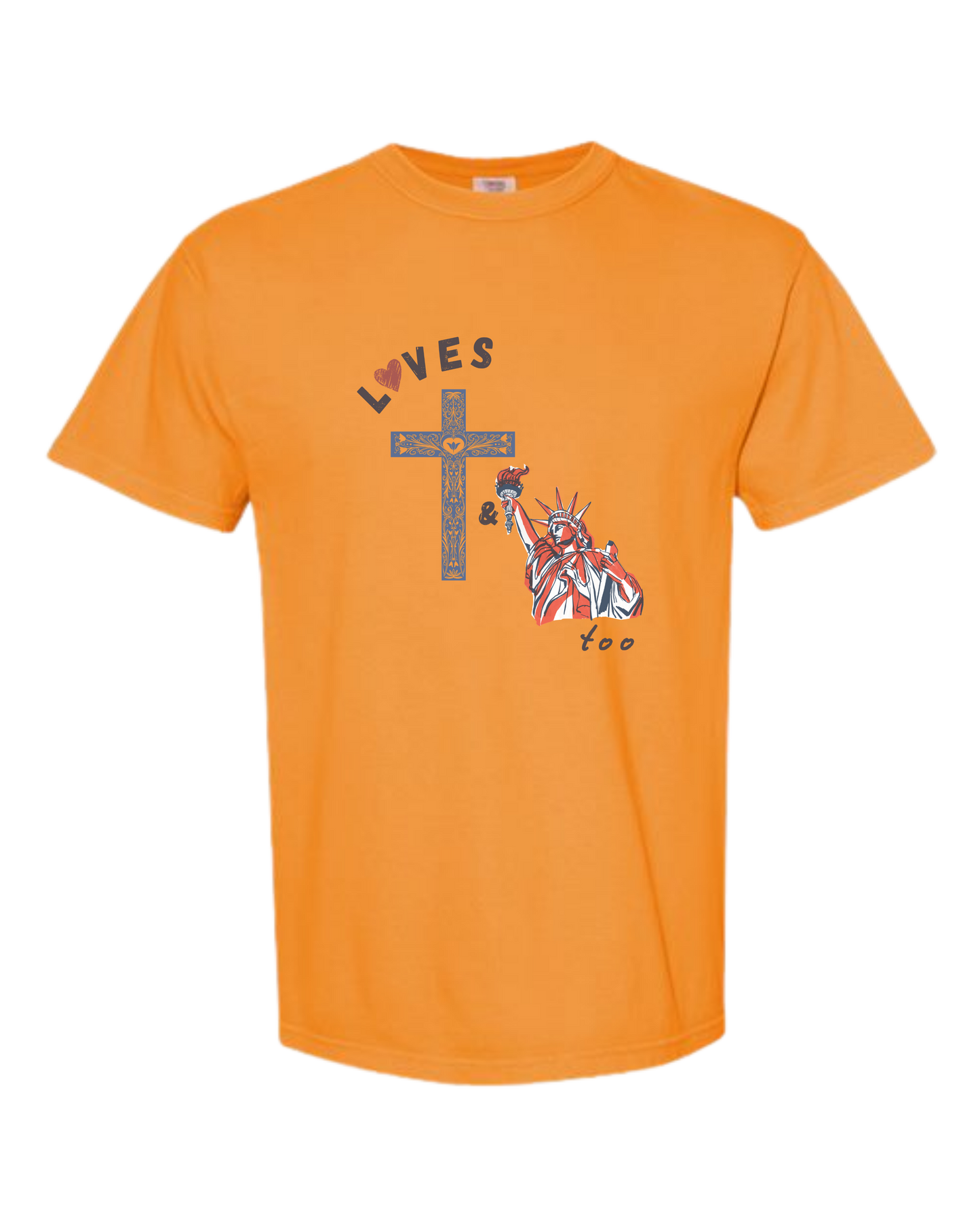 Loves Jesus & America too - Comfort Colors - Heavyweight Unisex Tee - Yellows, Oranges, Reds