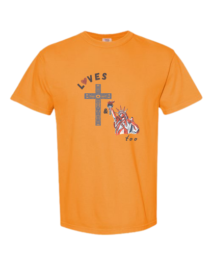 Loves Jesus & America too - Comfort Colors - Heavyweight Unisex Tee - Yellows, Oranges, Reds